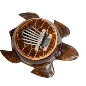 Sea Turtle Thumb Piano Hand Carved Balinese Coconut Shell Metal Kalimba 9x7" Vtg
